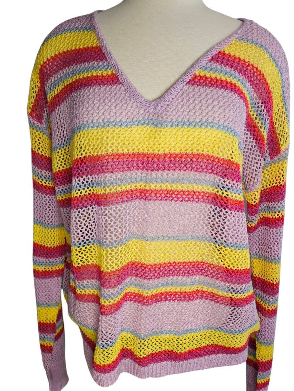 Andree Pastel Stripe V-Neck Open Knit Sweater - Lavender/Yellow, Medium